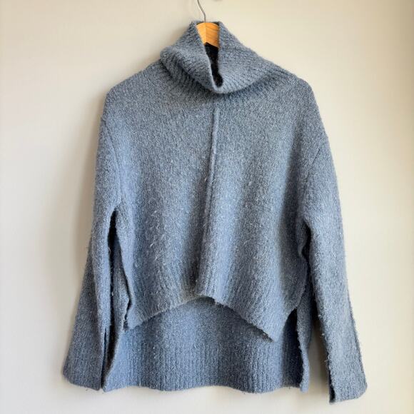 Alpaca Wool Blend Cropped High Low Turtleneck Sweater Blue Size Medium - Picture 2 of 9